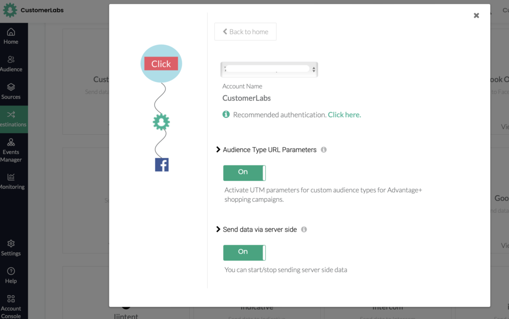 Screenshot of CustomerLabs CDP App that shows Facebook direct integration for Conversions API along with audience type URL parameter of Advantage+ Shopping Campaign and the Send data via server side button toggle on.